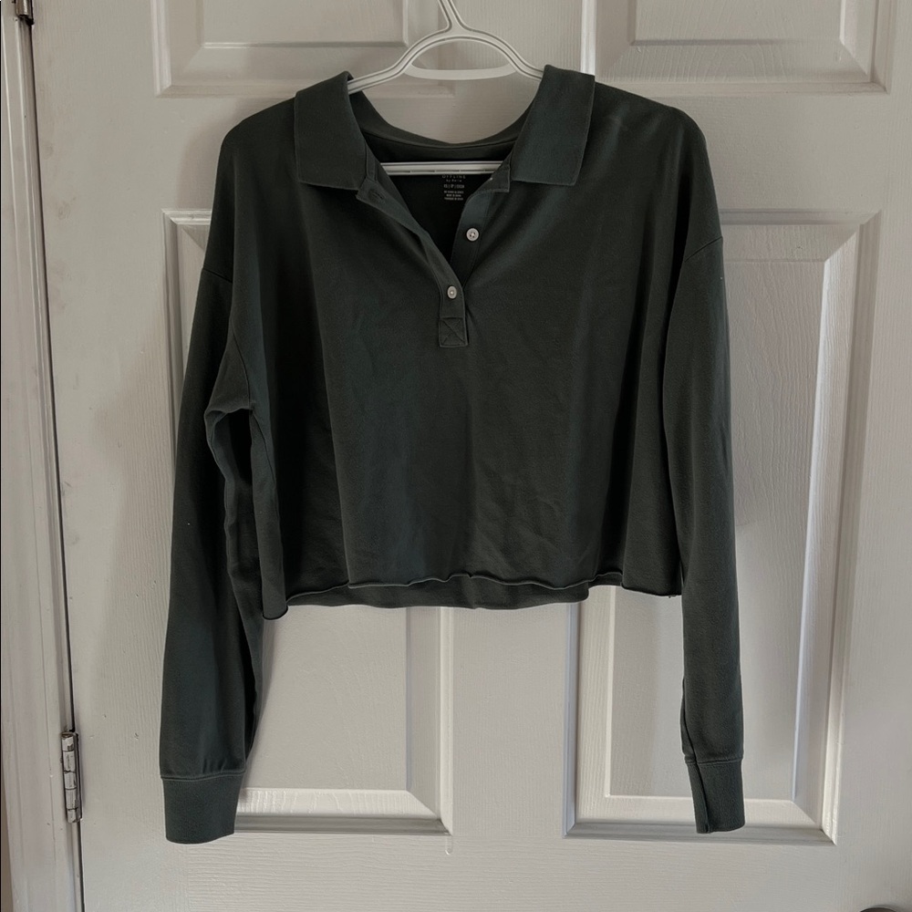 Aerie Offline Green Cropped Polo Shirt